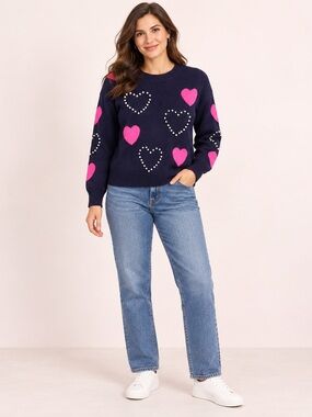 Nanette Lepore Women’s M Valentine Heart Pearl Sweater Navy Pink Coquette